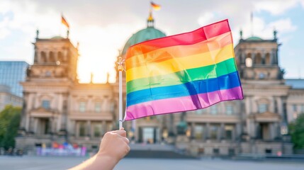 Bright rainbow flag waving in front of the historic Berlin Bundestag, symbol of LGBTQ+ pride and diversity