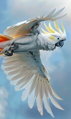 A majestic white parrot soars gracefully through a cloudy blue sky