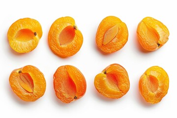 Top view of isolated dried apricots on white background with clipping path and full depth of field