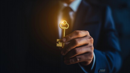 Businessman holding a golden key, unlocking opportunities for growth, Financial Success