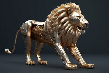 Mechanical metallic lion figurine. Digital illustration.