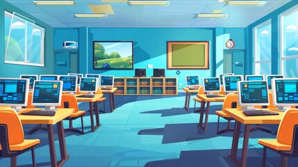 Modern illustration of an elementary school computer class room with a teacher and student. A college digital classroom includes a desk, chair, computer, blackboard, and projector for studying and