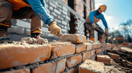 construction european professional workers laying bricks for a new wall - obrazy, fototapety, plakaty
