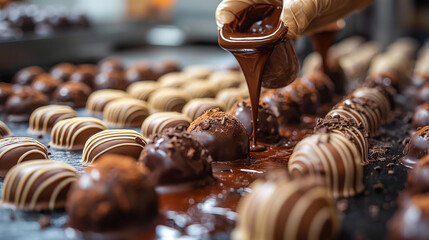 7. Chocolate-Making Workshop: In a sunlit kitchen studio, aspiring chocolatiers don aprons and wield piping bags filled with molten chocolate, crafting artisanal confections under - obrazy, fototapety, plakaty