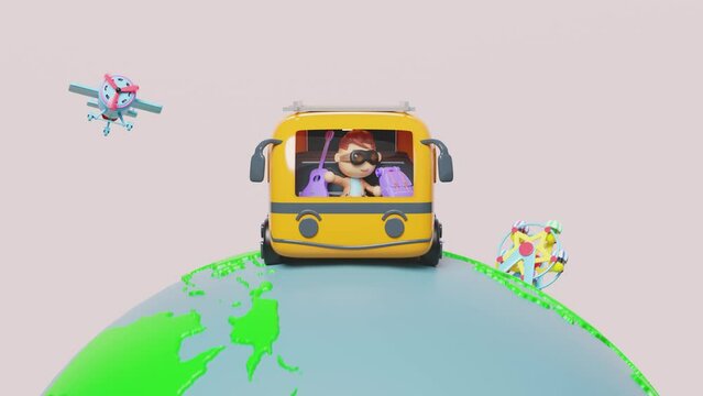 Tourist buses run around the world with boy, plane, luggage, guitar, measure, ferris wheel, island isolated on pink background. travel around the world concept, 3d render illustration, alpha channel