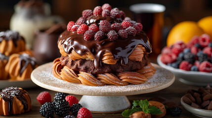 13. Chocolate-Hazelnut Spread Heaven: A lavish brunch spread features freshly baked pastries adorned with dollops of creamy chocolate-hazelnut spread, accompanied by steaming cups - obrazy, fototapety, plakaty