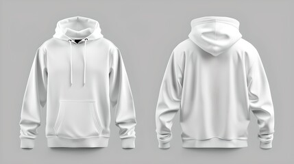 Blank white hoodie mockup, front and back view, isolated. White sweatshirt template. Casual apparel concept, design presentation. Simple streetwear style. AI