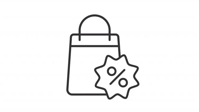 Promotion line animation. Animated shopping bag and percentage symbol icon. Fashion sale. Loyal customer. Black illustration on white background. HD video with alpha channel. Motion graphic
