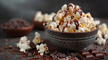 Fototapeta na wymiar 17. Chocolate-Covered Popcorn Delight: A cozy movie night setup features bowls brimming with freshly popped popcorn coated in rich chocolate and sprinkled with sea salt, providing