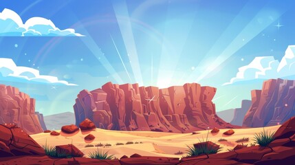 Cartoon modern landscape background. Canyon boulder formation panorama. American wilderness scene with sun rays on rocky cliffs in Utah. - obrazy, fototapety, plakaty