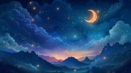 illustration of a dream-filled night sky, with stars, clouds, and moon
