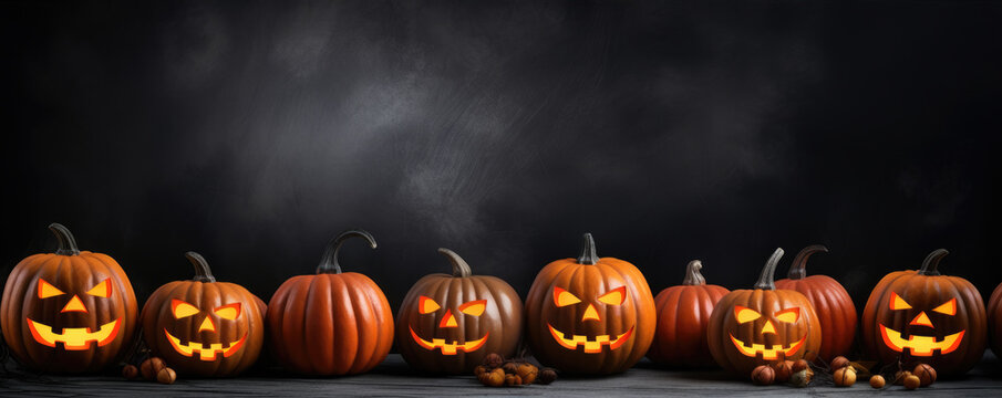 Halloween party decorations pumpkins on dark background. Free space for text