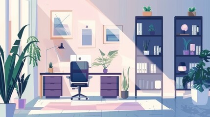 Workplace furniture for employee at home online and company location for schedule. Webcam solution for business conferences. Hybrid office interior design. Modern illustration.