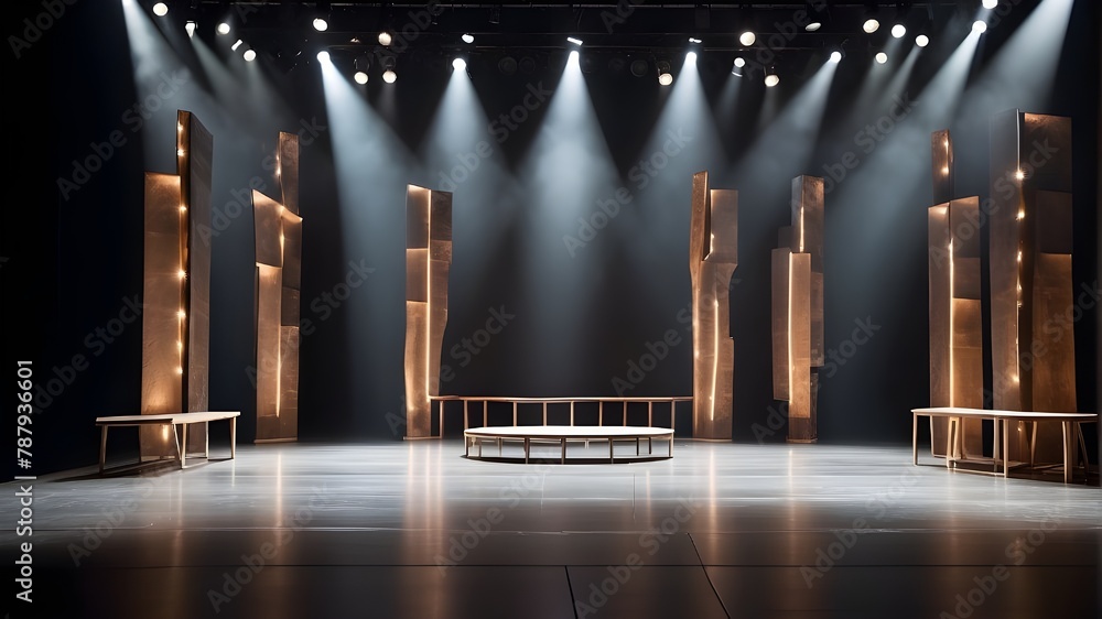 Poster the modern dance production stage features a light background with spotlights lighted. stage that is