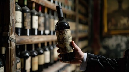 Vintage Wine Bottle Presentation in Wine Cellar