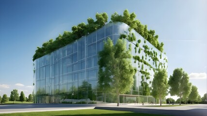 Fototapeta na wymiar environmentally friendly, sustainable construction. Eco-friendly building. An environmentally friendly glass office building with a tree to offset carbon emissions. Green surroundings at the office. C