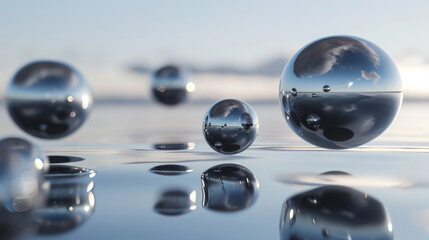 Reflective Spheres on Water Surface with Sky Reflection