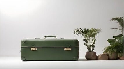 editorial minimalist commercial snapshot of a forest green luggage against a vast white wall with a tiny, muted opening to an exotic jungle