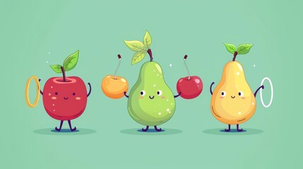 Exercise modern illustration featuring adorable fruit characters. Yoga exercise icon set with fruit characters including: zen apple, pilates plum, stretch cherry and avocado pear with hula hoop - obrazy, fototapety, plakaty