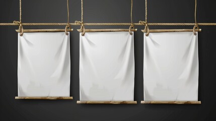 This is a white realistic hang blank fabric horizontal canvas banner sign modern on rope for advertising. This is a 3D empty textile material poster mockup set isolated on a transparent background.