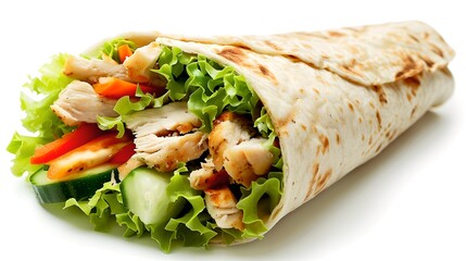 Fresh Chicken Wrap with Vegetables on a White Background. Healthy Fast Food Option with Salad. Ideal for Menu Display or Food Blogs. AI