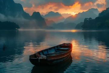 Foto auf Leinwand Fishing boat on the lake at sunrise, karst mountains background © Aqsa