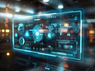 Obraz premium Hand touching virtual screen with innovation data and marketing graph, social media icons on hologram interface background for technology business concept design