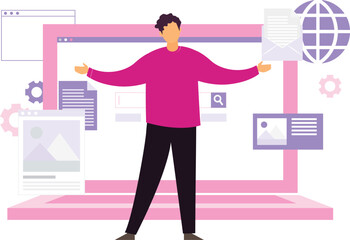 Boy showing documents on laptop.