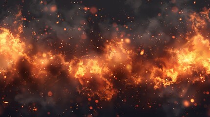 Fototapeta na wymiar Smoke and fire overlay. Grill hot flame with flying spark particles. Festive firestorm burned particles modern panoramic nature texture with steam and coal.