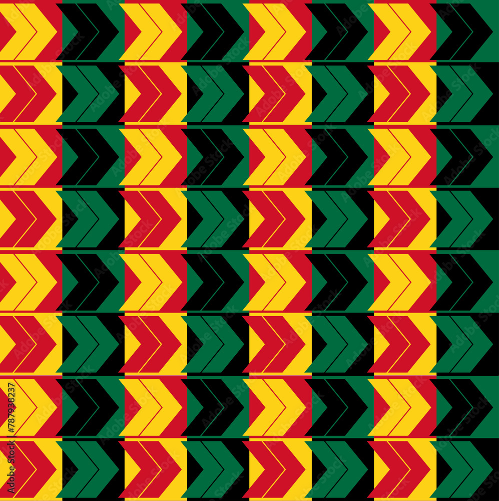 Poster seamless geometric pattern with triangles in different yellow, red, green and black Ghana flag colors