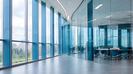 The modern office building's blurry glass wall serves as the backdrop for the company concept at the business center. blur the office of corporate business. Blue-colored, abstract windows