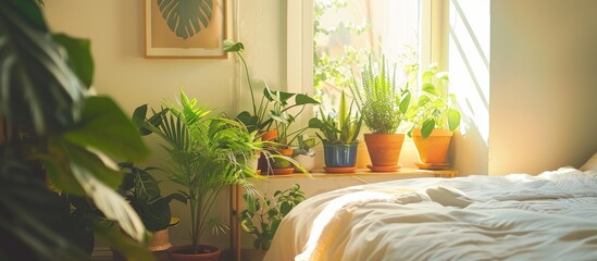 Fresh plants in pots in a brightly lit room with a poster hanging above the bed.