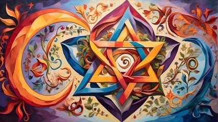a colorful mural with the crescent, cross, Om, and Star of David harmoniously entwined to represent the peaceful coexistence of many religions. a unity mural. Creative