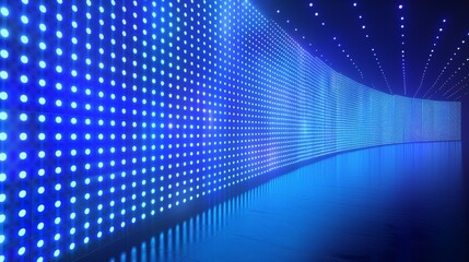 Detailed reality LED screen on stage. Modern illustration of big LCD grid with glowing blue and white dots. Background for concert halls, modern theaters, night clubs.