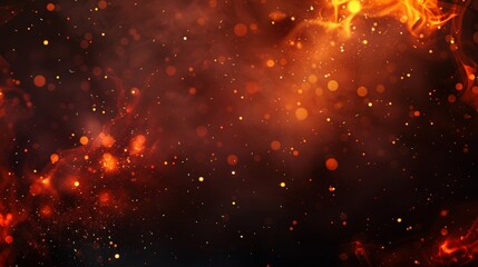 Burning coal, grill, hell or bonfire with flame glow, flying orange sparkles and fog over a black background. Modern realistic illustration. - obrazy, fototapety, plakaty