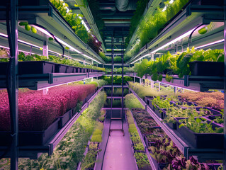 Greenhouse plants thrive amidst nature's embrace, blending with the garden's vibrant hues. Rows of plants thrive in a vibrant greenhouse - obrazy, fototapety, plakaty
