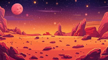 Foto auf Acrylglas Antireflex An alien planet's surface is red with rocky stones. A modern illustration of a martian desert landscape covered in orange dust, stars glowing in the sky, cosmic galaxy exploration, and a background © Mark