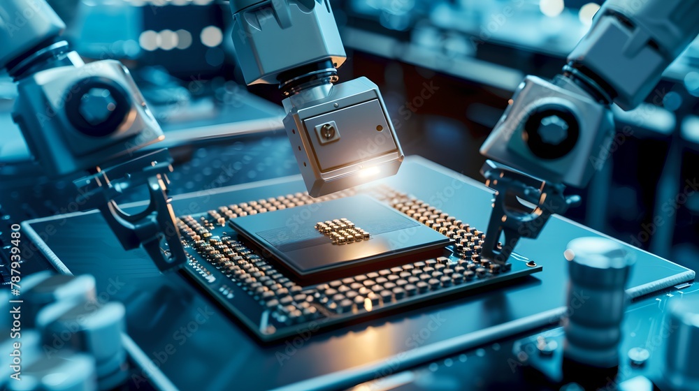 Poster modern automated factory arm assembling circuit board. industrial robot in electronic manufacturing.