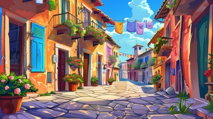 An old Italian street with colorful houses. A traditional European street perspective depicting stone pavement, laundry on balconies with flowers, and a sunny day.