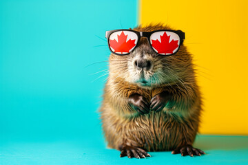 Festive beaver celebrating Canada Day with maple leaf sunglasses. - obrazy, fototapety, plakaty