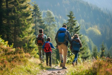 A heartwarming family trip to the mountains, with parents and kids hiking along scenic trails, exploring lush forests, and enjoying breathtaking vistas, Generative AI