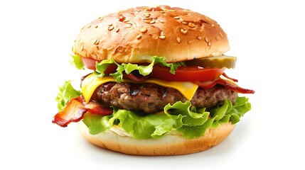 Delicious Classic Burger with Fresh Ingredients. Ideal for Fast Food Advertising. Simple and Tasty. White Background. Stock Photo. AI