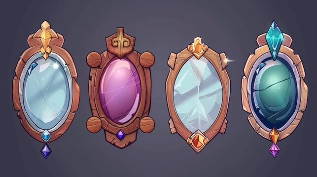 An ancient set of mirrors in silver, gold, and wooden frames isolated on a white background. Modern illustration of vintage glass accessories decorated with luxury gemstones.