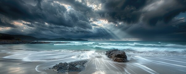 waves crashing on rocky shores under a dramatic sunset sky with penetrating sun rays and dynamic cloud