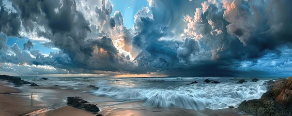 waves crashing on rocky shores under a dramatic sunset sky with penetrating sun rays and dynamic cloud