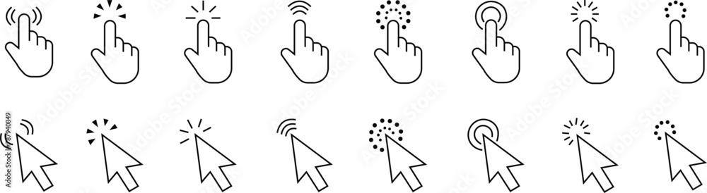 Poster set of computer mouse click cursor icons line styles with editable stock. load symbols. modern vecto