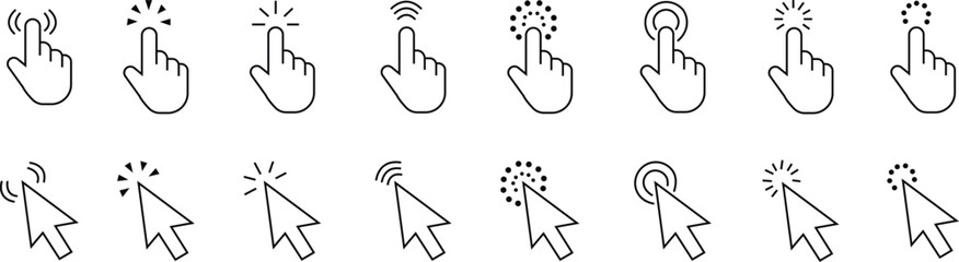 Set of Computer mouse click cursor icons line styles with editable stock. Load symbols. Modern vectors for web sites or mobile apps. Arrows and hands click designs isolated on transparent background.
