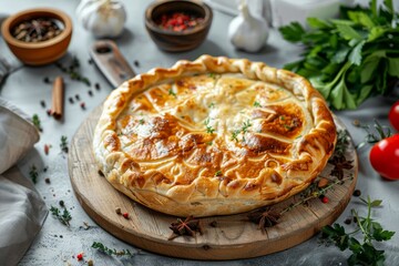 Traditional Balkan meat pie on rustic wooden board with spices in a rustic setting