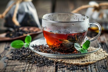 Transparent glass cup of black tea with tea bags on old wooden background selective focus - obrazy, fototapety, plakaty