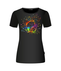 Music design on a T-shirt. Abstraction colored music. Headphones and notes. T-shirt printing. hand drawing. Not AI. Vector illustration